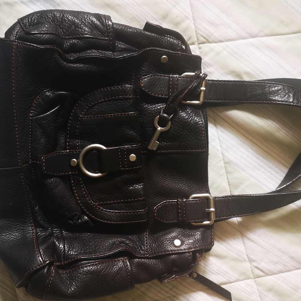 Fossil Black Leather Shoulder Bag with Silver Hardware